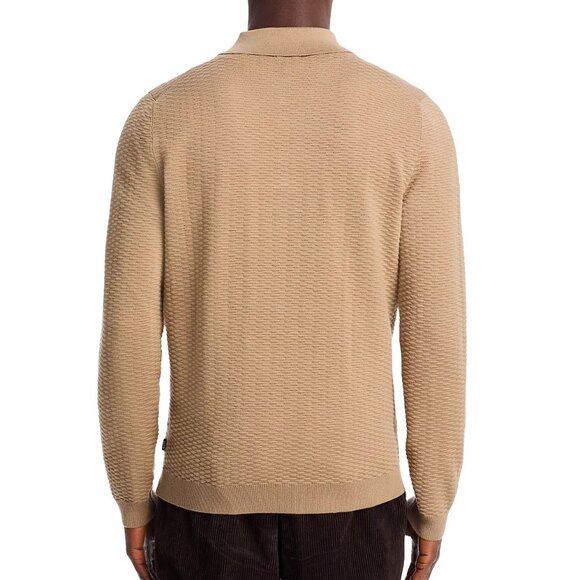 Hugo Boss Men's Long Sleeve BOSS Diluigi Textured Knit Polo Sweater Open Beige - Picture 3 of 7